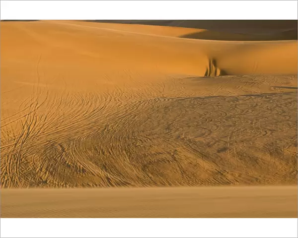 Vehicle tracks on the inter dunal gravel plains - destruction caused by quad bikes - Dune Fields - Namib Desert - Namibia - Africa