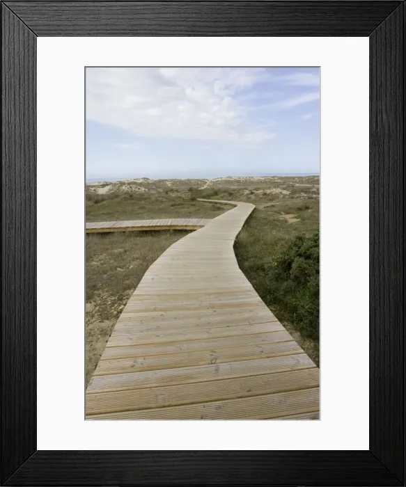 Framed Print : Long boardwalk over dunes to beach at Punta Fruxeira near Ferrol Northern Spain Framed Print : Long boardwalk over dunes to beach at Punta Fruxeira near Ferrol Northern Spain