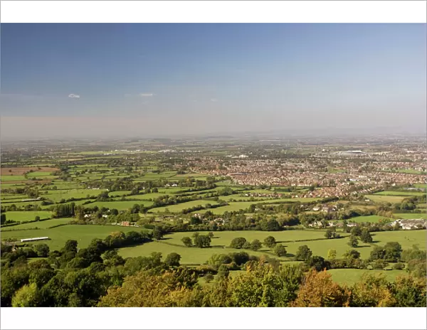 Southern edge of Cheltenham spreading into greenbelt countryside as seen from top of Leckhampton Hill Gloucestershire UK