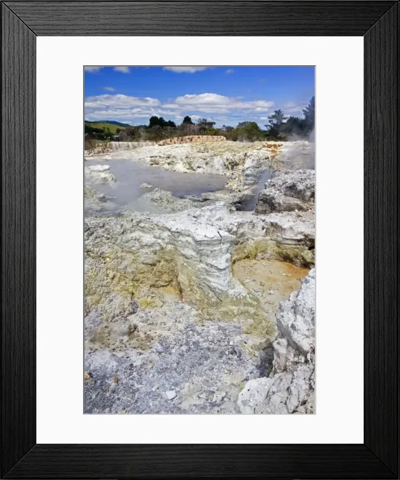 Framed Print : Geothermal activity - sulphur rocks and lake. Hells Gate geothermal reserve -Tikitere - Rotorua - North Island - New Zealand