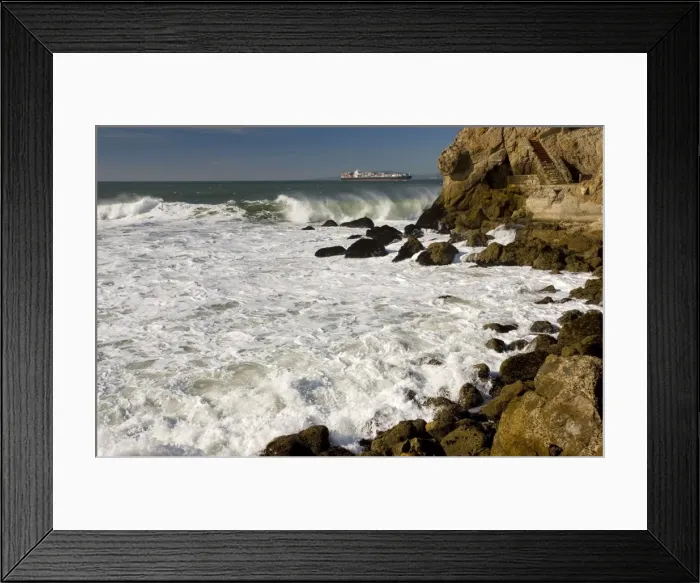 Framed Print : The Pacific Ocean coast of San Francisco, with container ship entering the Bay area; central / north California, USA Framed Print : The Pacific Ocean coast of San Francisco, with container ship entering the Bay area; central / north California, USA