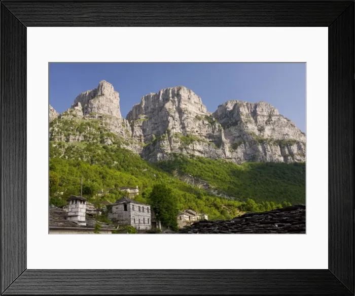 Framed Print : The dramatic limestone cliffs of Astraka mountain, towering above Micro Papingo village, Vikos Gorge National Park, north Greece Framed Print : The dramatic limestone cliffs of Astraka mountain, towering above Micro Papingo village, Vikos Gorge National Park, north Greece