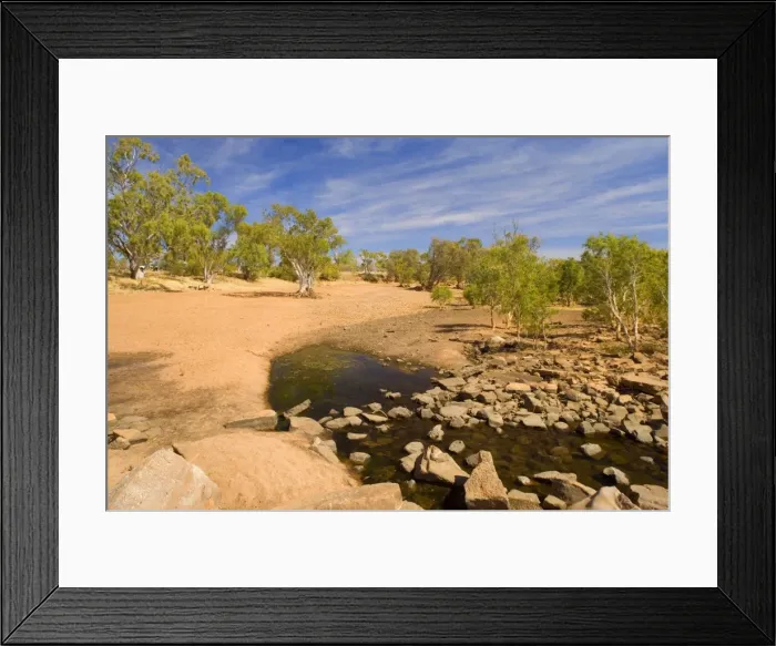 Framed Print : drought - nearly completely dried out riverbed, which is evidence of drought. Only a small pool of bracky water remained and will evaporate within short time, too - Western Australia, Australia Framed Print : drought - nearly completely dried out riverbed, which is evidence of drought. Only a small pool of bracky water remained and will evaporate within short time, too - Western Australia, Australia