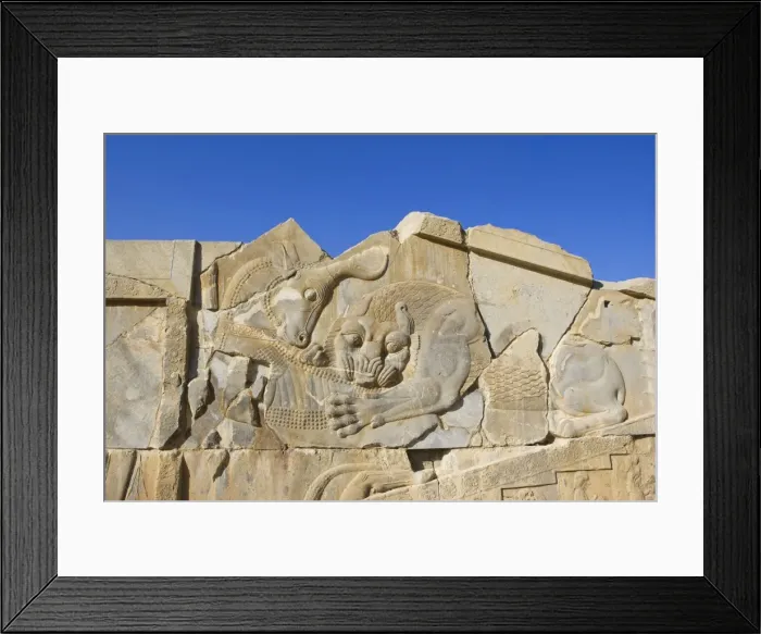 Framed Print : Phases of the Sky carving, Persepolis, Iran. The lion, symbol of the spring, is eating the bull which is the symbol of the winter according to the phases of the stars; the meaning is that spring is appearing Framed Print : Phases of the Sky carving, Persepolis, Iran. The lion, symbol of the spring, is eating the bull which is the symbol of the winter according to the phases of the stars; the meaning is that spring is appearing