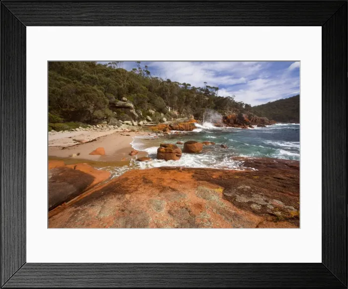 Framed Print : Granite coastline - view along the ragged, rocky coastline in Sleepy Bay - Freycinet National Park, Tasmania, Australia Framed Print : Granite coastline - view along the ragged, rocky coastline in Sleepy Bay - Freycinet National Park, Tasmania, Australia