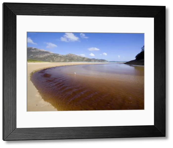 Framed Print : Tidal River - brown coloured water of Tidal River flows down into the ocean, at low tide. At high tide the river is underwater - Wilsons Promontory National Park, Victoria, Australia Framed Print : Tidal River - brown coloured water of Tidal River flows down into the ocean, at low tide. At high tide the river is underwater - Wilsons Promontory National Park, Victoria, Australia