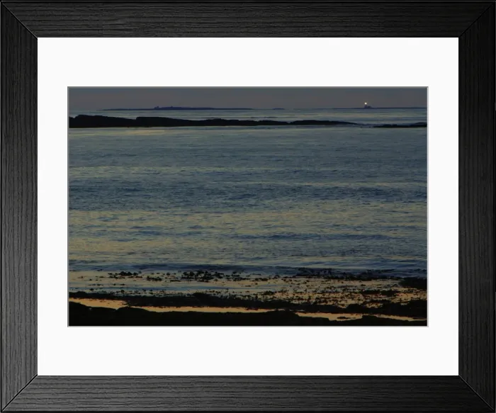 Framed Print : Lighthouse on the Farnes-twilight over the North Sea, from beach at Dunstan Steads, looking towards Farne Isles, Northumberland Uk Framed Print : Lighthouse on the Farnes-twilight over the North Sea, from beach at Dunstan Steads, looking towards Farne Isles, Northumberland Uk