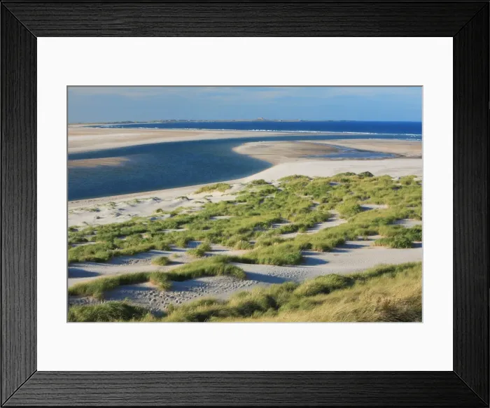 Framed Print : Budle Bay Wildfowl Reserve - Budle Point and Holy Island in background, Northumberland National Park, England Framed Print : Budle Bay Wildfowl Reserve - Budle Point and Holy Island in background, Northumberland National Park, England