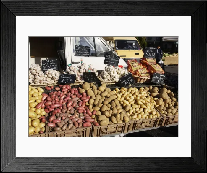 Framed Print : Market - Vegatable stall selling garlic and a variety of potatoes. Nice - France Framed Print : Market - Vegatable stall selling garlic and a variety of potatoes. Nice - France