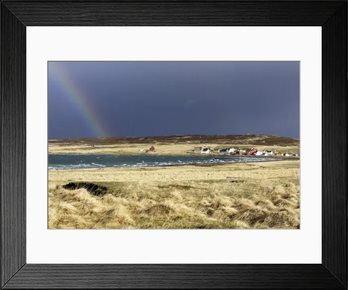 Framed Print : Village d'Ekkoroy by Varanger fjord with storm clouds and rainbow - Norway Framed Print : Village d'Ekkoroy by Varanger fjord with storm clouds and rainbow - Norway