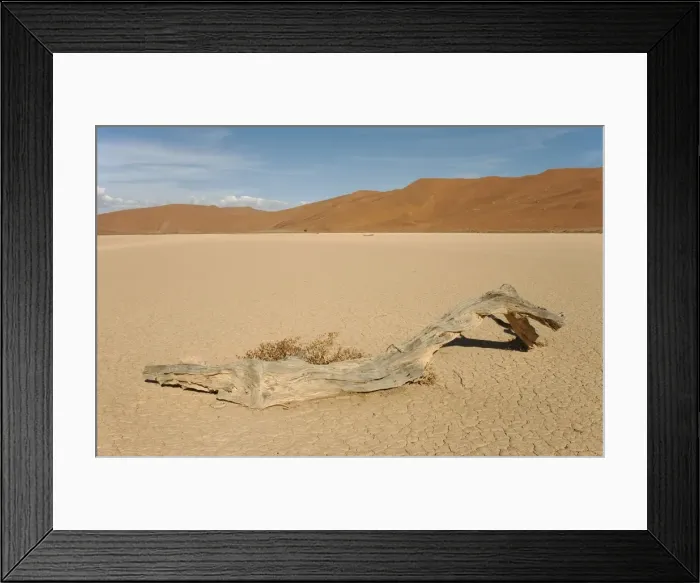 Framed Print : Namibia - Dry pan and sand dunes in the centre of the Namib Desert in the Sossusvlei area. Namib-Naukluft Park, Namibia