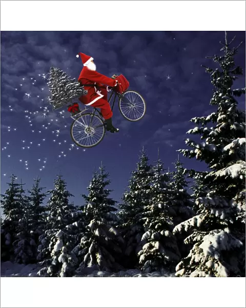 Father Christmas - flying through winter landscape on his bicycle Digital Manipulation: Father Christmas (Su), image flipped & darkened