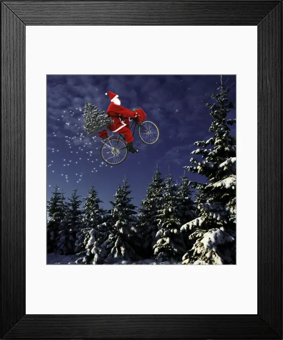 Framed Print : Father Christmas - flying through winter landscape on his bicycle Digital Manipulation: Father Christmas (Su), image flipped & darkened Framed Print : Father Christmas - flying through winter landscape on his bicycle Digital Manipulation: Father Christmas (Su), image flipped & darkened