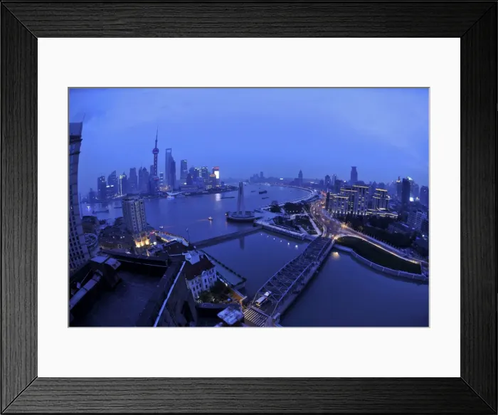 Framed Print : Shanghai China- at dusk Huangpu River and oriental tv tower - Pudong business district Framed Print : Shanghai China- at dusk Huangpu River and oriental tv tower - Pudong business district