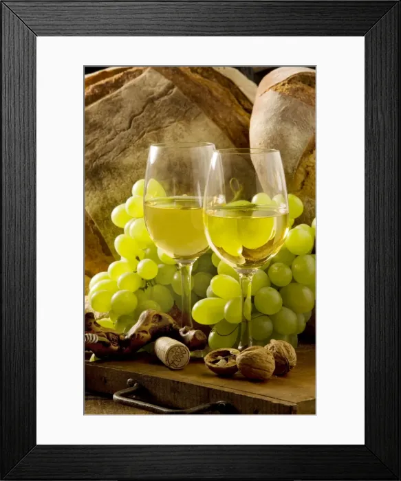 Framed Print : Wine Glasses - with white wine and grapes Framed Print : Wine Glasses - with white wine and grapes