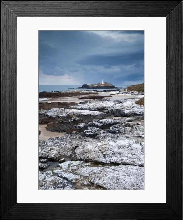 Framed Print : Godrevy - Lighthouse and island - in snow - from Gwithian - Cornwall - UK Framed Print : Godrevy - Lighthouse and island - in snow - from Gwithian - Cornwall - UK