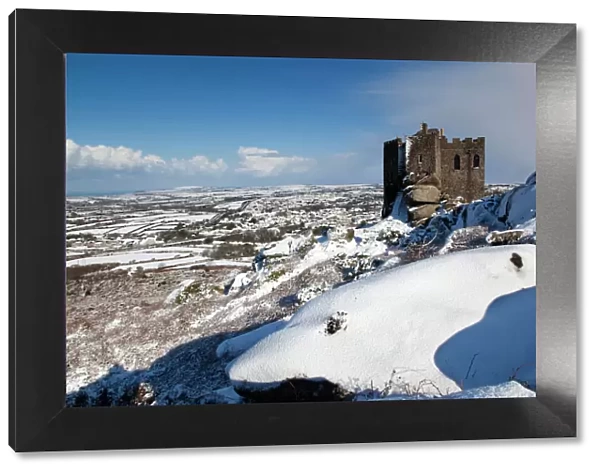 Carn Brea castle - in snow - looking east to Redruth and beyond - Cornwall - UK