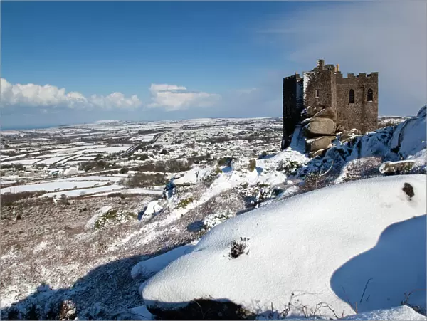 Carn Brea castle - in snow - looking east to Redruth and beyond - Cornwall - UK