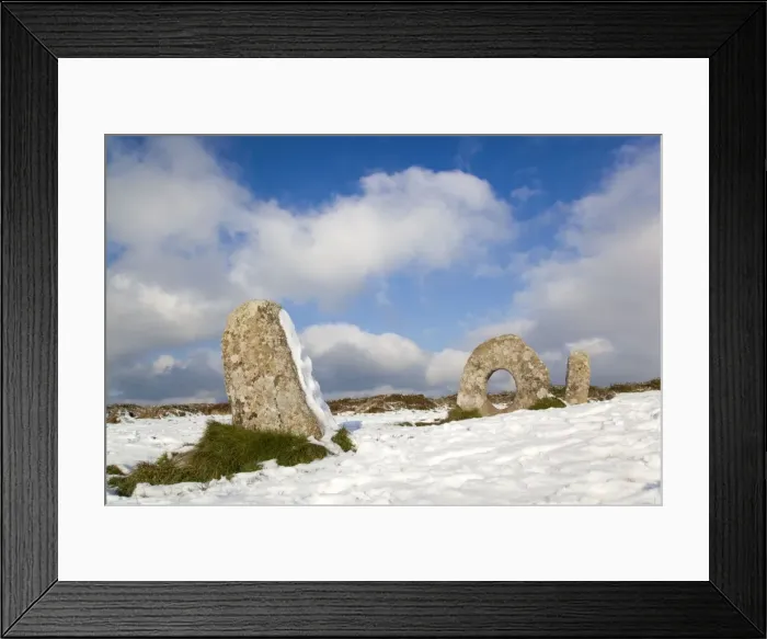 Framed Print : Men an Tol - ancient monument - in snow - Cornwall - UK Framed Print : Men an Tol - ancient monument - in snow - Cornwall - UK
