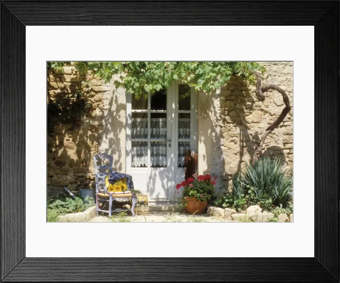 Framed Print : France Blue chair & vine & net-curtained white door, Provence Framed Print : France Blue chair & vine & net-curtained white door, Provence