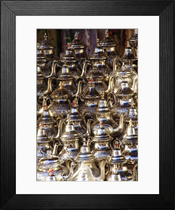 Framed Print : Morocco - market stall selling ornate teapots Framed Print : Morocco - market stall selling ornate teapots