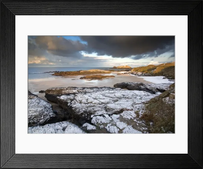 Framed Print : Godrevy - Lighthouse and island - in snow - from Gwithian - Cornwall - UK Framed Print : Godrevy - Lighthouse and island - in snow - from Gwithian - Cornwall - UK