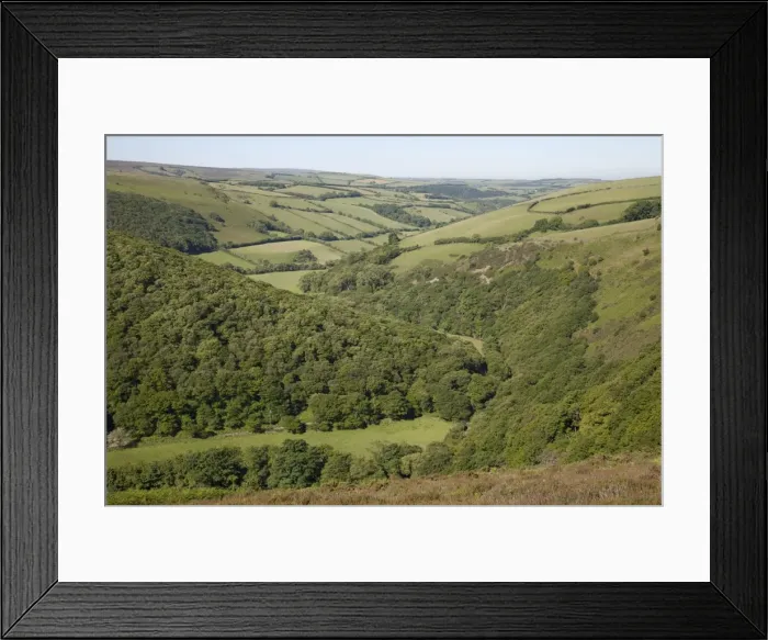 Framed Print : Wooded valley on Exmoor taken from Countrygate Country Park near Porlock Somerset UK Framed Print : Wooded valley on Exmoor taken from Countrygate Country Park near Porlock Somerset UK