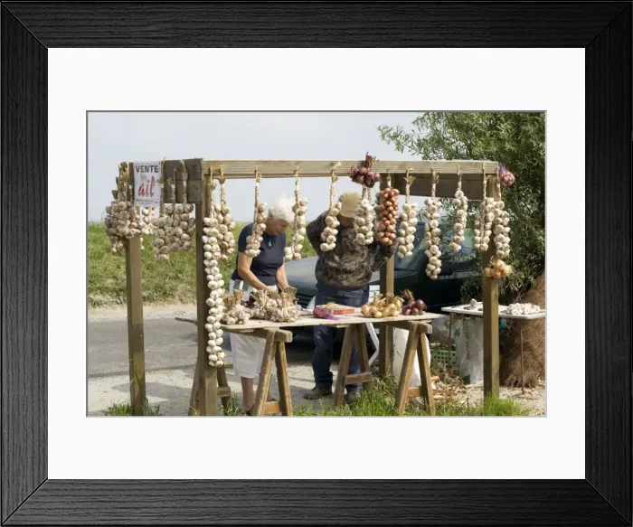 Framed Print : Buying garlic and onions roadside stall Brittany France Framed Print : Buying garlic and onions roadside stall Brittany France