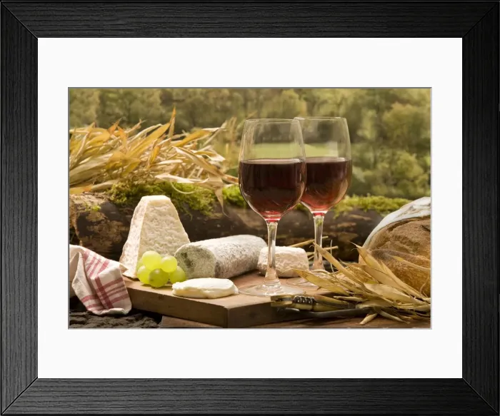 Framed Print : Table - with two glasses of red wine with cheese & bread Framed Print : Table - with two glasses of red wine with cheese & bread