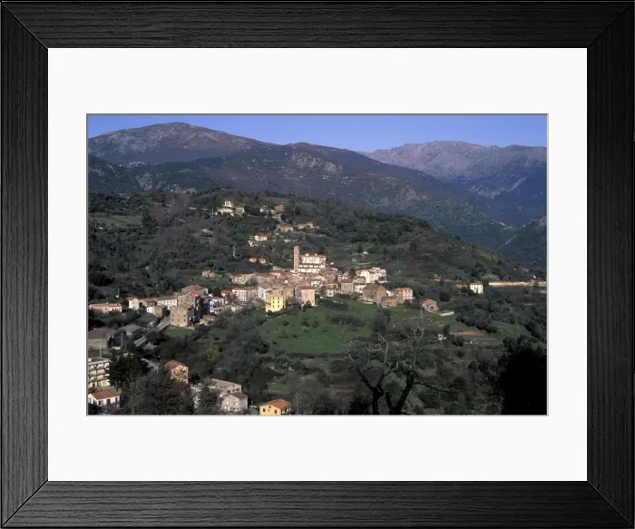 Framed Print : Vico village and surrounding mountains - Corsica Framed Print : Vico village and surrounding mountains - Corsica
