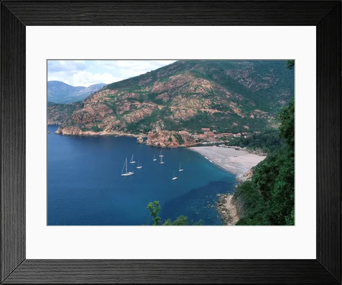 Framed Print : Sailing boats and beach - Porto's Gulf and the village of Porto - Corsica Framed Print : Sailing boats and beach - Porto's Gulf and the village of Porto - Corsica