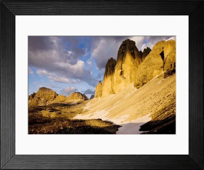 Framed Print : The Tre Cime de Lavaredo / Drei Zinnen peaks - in dramatic evening light, Dolomites, Italy Framed Print : The Tre Cime de Lavaredo / Drei Zinnen peaks - in dramatic evening light, Dolomites, Italy