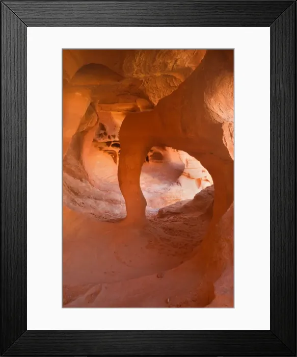Framed Print : Windstone - erosion sculpted arch inside a cave-like alcove of bright red sandstone - Valley of Fire State Park - Nevada - USA Framed Print : Windstone - erosion sculpted arch inside a cave-like alcove of bright red sandstone - Valley of Fire State Park - Nevada - USA