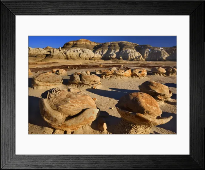 Framed Print : Cracked Eggs - strangely eroded rock formations which look like cracked eggs, located in a dry clay pan - Badlands in the background. In late evening light - Bisti Badlands Wilderness Area, New Mexico, USA Framed Print : Cracked Eggs - strangely eroded rock formations which look like cracked eggs, located in a dry clay pan - Badlands in the background. In late evening light - Bisti Badlands Wilderness Area, New Mexico, USA