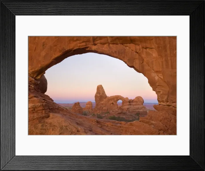 Framed Print : Sandstone arches - Turret Arch seen through the North Window at morning right before sunrise - Arches National Park, Utah, USA Framed Print : Sandstone arches - Turret Arch seen through the North Window at morning right before sunrise - Arches National Park, Utah, USA