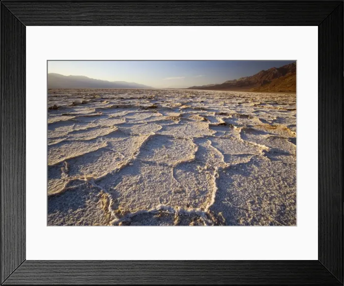 Framed Print : Badwater - rough salt crusts in the salt flats of Badwater, the lowest point in the whole US, at early morning - Death Valley National Park, California, USA Framed Print : Badwater - rough salt crusts in the salt flats of Badwater, the lowest point in the whole US, at early morning - Death Valley National Park, California, USA
