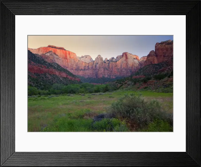 Framed Print : Towers of the Virgin - famous Zion panorama of the mountains called The West Temple, The Sundial, The Temple of the Virgin and the Altar of Sacrifice. At dawn, in spring - Zion National Park, Utah, USA Framed Print : Towers of the Virgin - famous Zion panorama of the mountains called The West Temple, The Sundial, The Temple of the Virgin and the Altar of Sacrifice. At dawn, in spring - Zion National Park, Utah, USA
