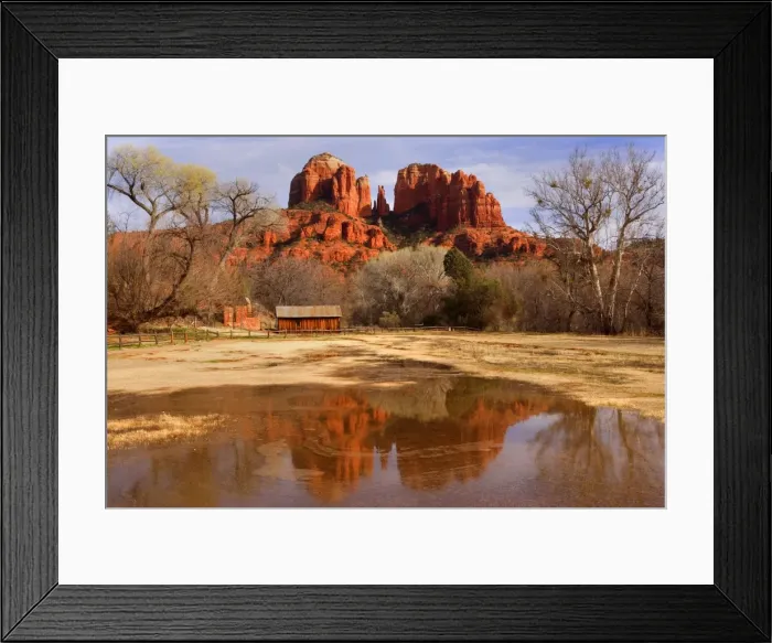 Framed Print : Cathedral Rock - view of the west face of Cathedral Rock across Oak Creek. Spring melt had caused Oak Creek to flood over and created a huge pool in which Cathedral Rock casts a perfect reflection Framed Print : Cathedral Rock - view of the west face of Cathedral Rock across Oak Creek. Spring melt had caused Oak Creek to flood over and created a huge pool in which Cathedral Rock casts a perfect reflection