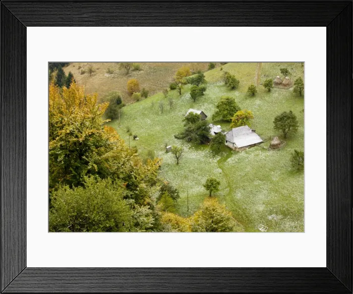 Framed Print : Traditional farming with old houses, barns, fruit trees and pasture in autumn, Magura village, Piatra Craiulu mountains, Romania Framed Print : Traditional farming with old houses, barns, fruit trees and pasture in autumn, Magura village, Piatra Craiulu mountains, Romania
