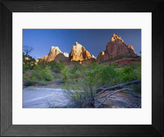 Framed Print : Court of the Patriarachs - Spring - with Cottonwood trees and foot bridge spanning the Virgin River - Zion National Park, Utah, USA Framed Print : Court of the Patriarachs - Spring - with Cottonwood trees and foot bridge spanning the Virgin River - Zion National Park, Utah, USA