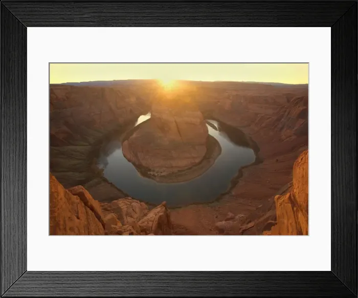 Framed Print : Horseshoe Bend - dramatic view of a nearly 360 degree bend of the Colorado river cut into the colorado plateau. At sunset, with the setting sun about to vanish behind the horizon - Horseshoe Bend, Arizona, USA Framed Print : Horseshoe Bend - dramatic view of a nearly 360 degree bend of the Colorado river cut into the colorado plateau. At sunset, with the setting sun about to vanish behind the horizon - Horseshoe Bend, Arizona, USA