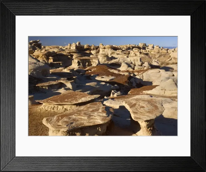 Framed Print : Mushroom Rocks - eroded clay sculptures with rocks balanced on their tops, located amidst badlands - Bisti Badlands Wilderness Area - New Mexico - USA Framed Print : Mushroom Rocks - eroded clay sculptures with rocks balanced on their tops, located amidst badlands - Bisti Badlands Wilderness Area - New Mexico - USA