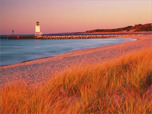 USA - Charlevoix Lighthouse and beach at sunset