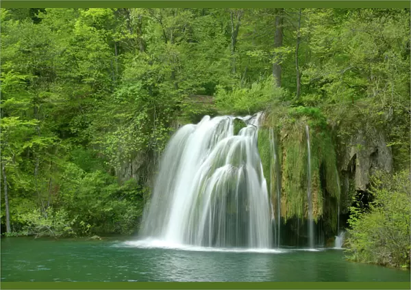 Waterfall in springtime at the upper lakes Plitvice Lakes National Park, Croatia