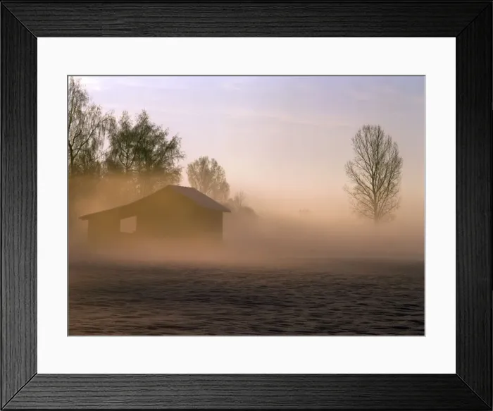Framed Print : Hut and mist at sunrise with ground fog Bavaria, Germany Framed Print : Hut and mist at sunrise with ground fog Bavaria, Germany