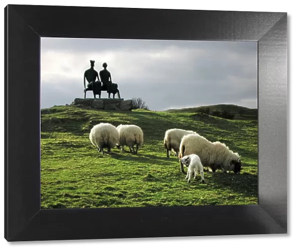 Sheep - grazing before the Henry Moore sculpture King & Queen Glenkiln Estate Sculpture Park, overlooking the Glenkiln reservoir, Dumfries Scotland