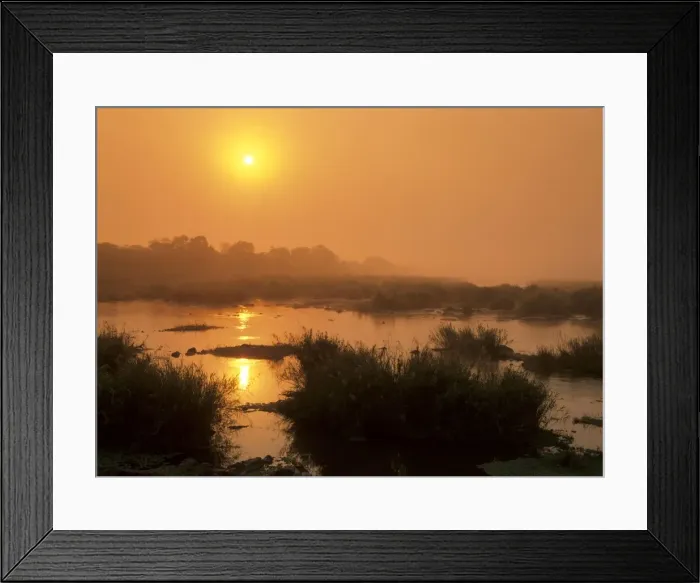 Framed Print : Morning mist sunrise over Sabie river with morning mist and reflection Kruger National Park, South Africa Framed Print : Morning mist sunrise over Sabie river with morning mist and reflection Kruger National Park, South Africa