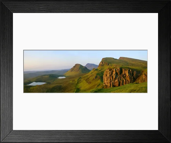 Framed Print : The Quiraing landscape lake and rolling velvet green slopes sprinkled with basaltic spikes of rock and cliffs at sunrise Isle of Skye, Western Highlands, Scotland, UK Framed Print : The Quiraing landscape lake and rolling velvet green slopes sprinkled with basaltic spikes of rock and cliffs at sunrise Isle of Skye, Western Highlands, Scotland, UK