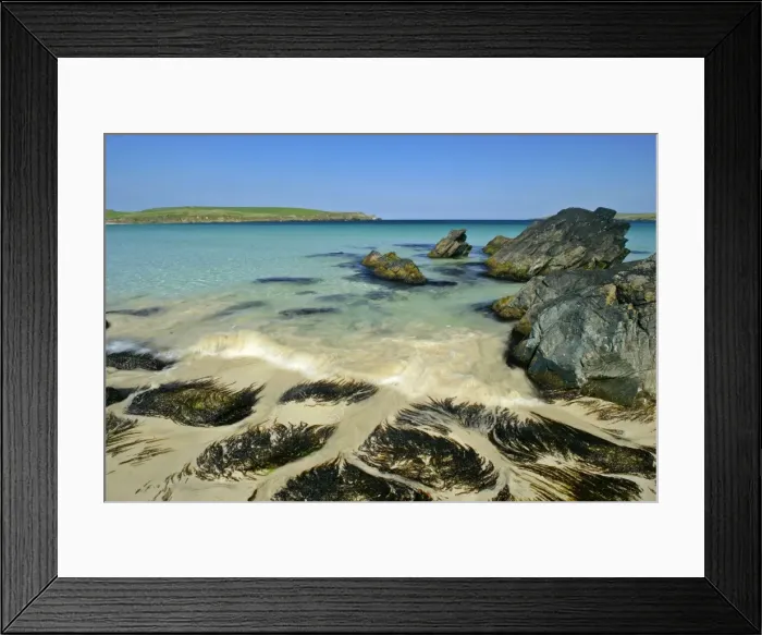 Framed Print : Summer beach approaching wave, blue sea, rocks and white sand at beach of Scousburgh Sands South Mainland, Shetland Isles, Scotland, UK Framed Print : Summer beach approaching wave, blue sea, rocks and white sand at beach of Scousburgh Sands South Mainland, Shetland Isles, Scotland, UK