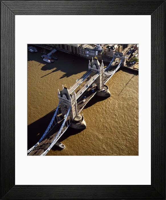 Framed Print : Aerial image of London, England, UK: Tower Bridge (a combined bascule and suspension bridge), over the River Thames Framed Print : Aerial image of London, England, UK: Tower Bridge (a combined bascule and suspension bridge), over the River Thames